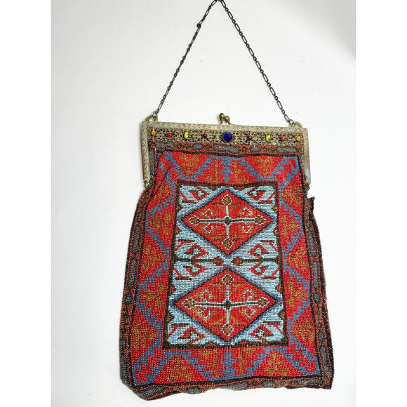Antique Art Nouveau Edwardian French Cut Steel Hand Beaded Purse w/Jeweled Clasp - Picture 1 of 12